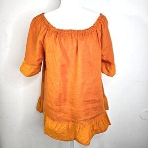 Terzo Millenio Rust Orange 2 Tone Ruffle 100% Linen Tunic Blouse Made in Italy